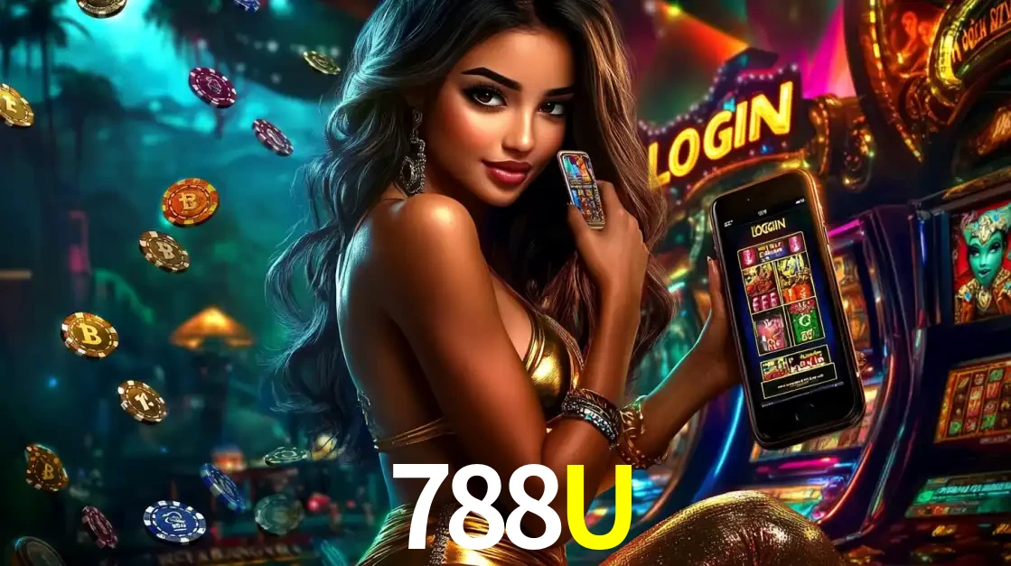 Mulher em um cenário de cassino temático de aventura, mostrando o app de caça-níqueis da 788U no celular. Fichas de apostas flutuam ao redor.