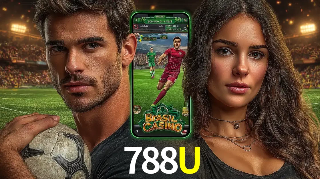 Homem segurando uma bola de futebol e uma mulher ao lado de um smartphone exibindo o jogo de apostas esportivas da 788U. Faça seu palpite no cassino online.